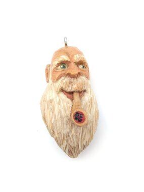 Hand Carved Wood Ornament Bearded Man Pipe Signed K Daley 2002 Folk Art